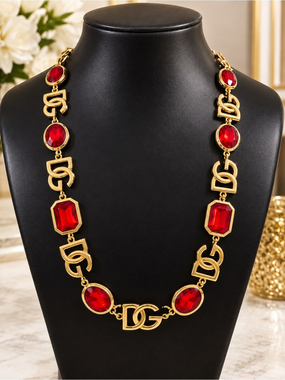 Brand New !  Gold-Tone Necklace with Red Gemstone Accents